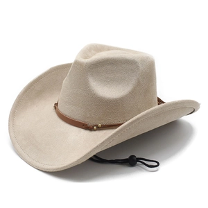 Beige faux suede western cowboy hat with brown leather band and gold metal bead accents