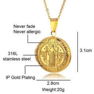 Golden 316L stainless steel Saint Benedict religious medal pendant necklace for men and women