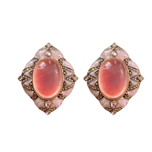 Vintage rhodium silver needle rhombus earrings with pink gems and sparkling crystals