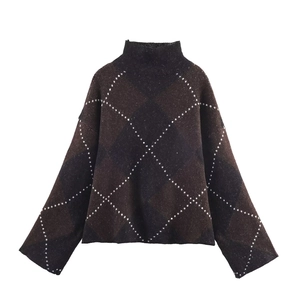 Women's turtleneck knit top and skirt set featuring brown diamond pattern and long sleeves