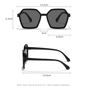 Detailed dimensions of oversized hexagonal sunglasses with black frames and grey lenses