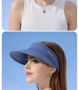 Detail of blue UPF50+ sun hat with wide brim and white logo on high-quality elastic fabric