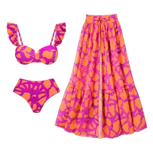 Ensemble bikini 3 pièces avec bretelles à volants et jupe portefeuille taille haute