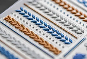 Close-up of 3D embossed nail stickers featuring blue leaf textures and gold weave patterns