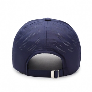Navy blue quick-dry baseball cap with laser-cut ventilation holes and adjustable metal buckle