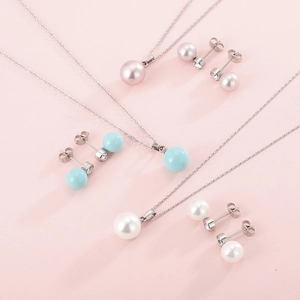 Titanium steel shell pearl necklace and earring set in pink blue and white colors
