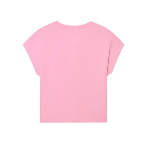 Pink short sleeve knit top with a heart buckle and round neck design for casual wear