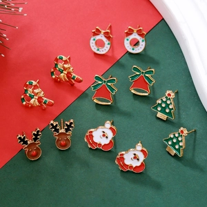 6-pair set of Christmas stud earrings featuring Santa, reindeer and bells in alloy
