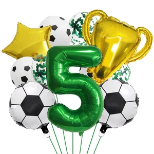 Soccer theme 5th birthday balloon set with green number 5, golden trophy and footballs