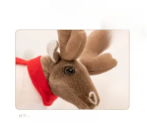 Close-up of reindeer plush toy showing soft brown fabric and detailed black plastic eyes