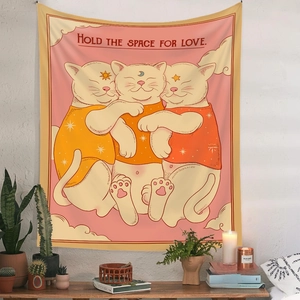Detail of three colorful cats hugging with Hold the Space for Love text on tapestry