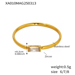 Detail view of gold stainless steel ring with rectangle zircon inlay and dimensions