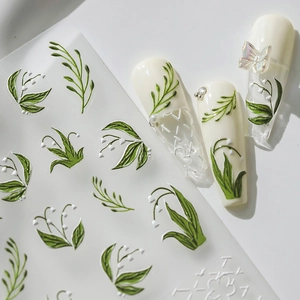 5D Lily of the Valley 3D embossed nail stickers set with green leaves and pearl accents
