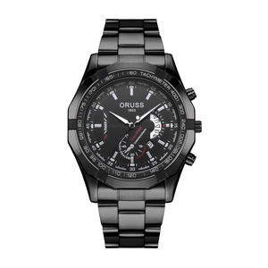 Macro detail of ORUSS black chronograph watch showing metal case and complex dial texture
