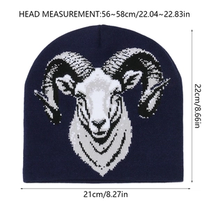 Navy knit beanie with white ram head jacquard pattern and detailed size measurements
