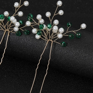 Handmade bridal hair pin with white pearls and green crystal beads on golden wire branches