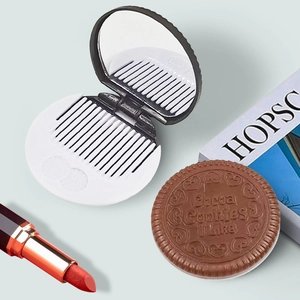 Portable Folding Makeup Mirror With Comb Round Chocolate Cookie Shape Cute Pocket Cosmetic Vanity Tool For Travel