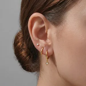 Three-piece S925 sterling silver gold hoop earrings set with cubic zirconia pendants