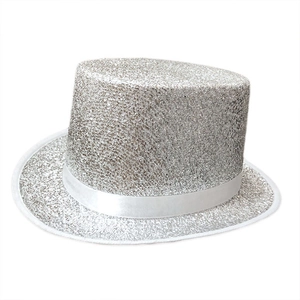 Premium silver glitter magician top hat with white satin ribbon for costume party