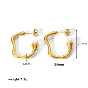 Detail view of gold hollow earrings with pearls and dimensions showing 28mm height