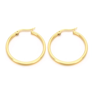 Minimalist golden stainless steel hoop earrings with classic snap closure on white background