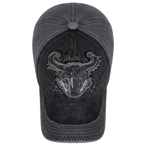 Vintage washed black baseball cap with embroidered bull skull and distressed frayed edges