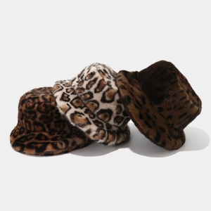 Winter faux fur leopard print bucket hats in three colors with thick warm plush texture