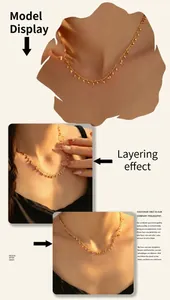 Detailed view of model wearing a 18k gold plated ball tassel pendant necklace