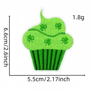 Detail of St. Patrick's Day green cupcake embroidered patch with precise size dimensions
