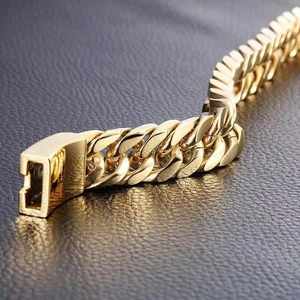 Men's 18K gold-plated chunky Cuban link bracelet in titanium steel with square clasp