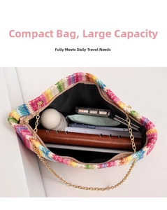 Top view of multi-color woven bucket bag interior showing spacious storage capacity