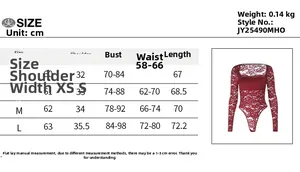 Size chart detail for lace long sleeve bodysuit showing measurements in cm for sizes XS to L