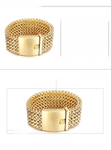 Detail showing 30mm wide braided square mesh bracelet with 18K gold vacuum plating