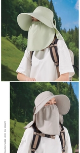 Detail of sun hat with breathable face mask and wide brim for outdoor sun protection