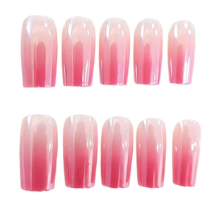 Pink gradient glossy long square press-on nails set with vibrant electroplated finish