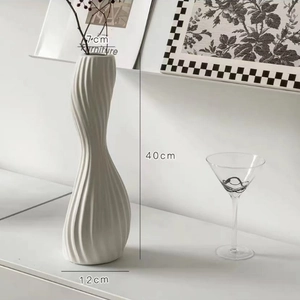 Minimalist 40cm white ceramic vase with wavy texture for Nordic home decor
