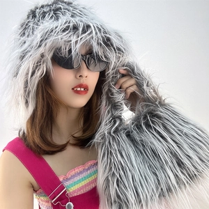 Detail shot of grey and white faux fur bucket hat with luxury long plush texture
