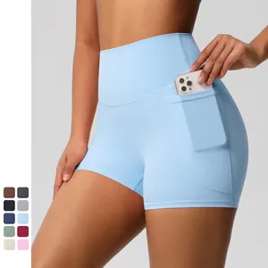 Short de Yoga pour Femmes Taille Haute Poches Latérales Couleur Unie Respirant Contrôle du Ventre Sport Fitness Entraînement Bas