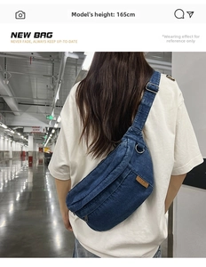 Detail view of denim crossbody bag on model showing adjustable strap and fashion patch