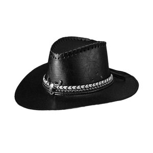 Classic black faux leather western cowboy hat with silver bull head decorative band
