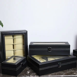 Black PU leather watch organizer boxes with glass display windows and beige pillows