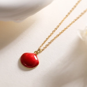 18K gold plated necklace featuring a delicate red shell enamel pendant on thin chain