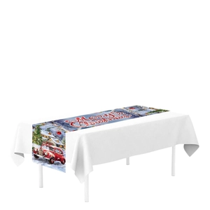 Christmas table runner featuring a vintage red car and snowy house scenery for holiday party