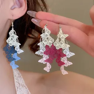 Hollow Butterfly Tassel Dangle Earrings With Silver Earring Post Gradient Color Elegant Sweet Jewelry For Women