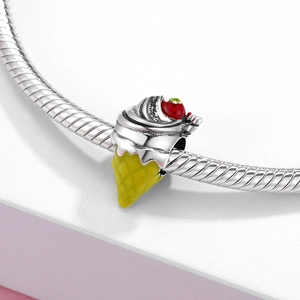S925 sterling silver summer ice cream cone charm with yellow enamel on snake chain