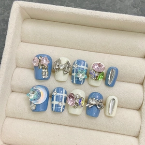 Handmade Press On Nails Short Coffin Klein Blue Grid Pattern With 3D Silver Bow Rhinestone Resin Artificial Gem