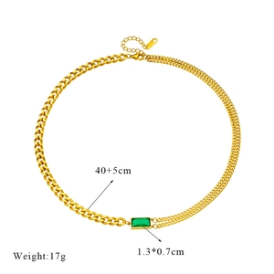Detail showing gold chain necklace with green rectangle gemstone and product dimensions