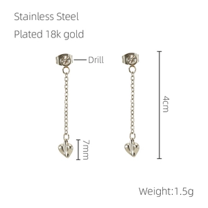 Detailed dimensions of stainless steel tassel heart earrings with 4cm length and measurements