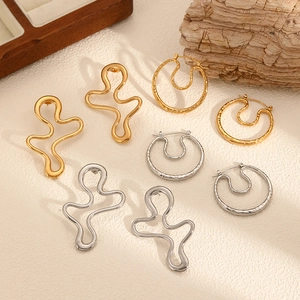 Irregular wave studs and double hoop earrings in gold and silver stainless steel