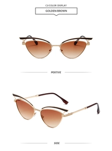 Detaillierte Vorder- und Seitenansicht der Katzenaugen-Sonnenbrille mit braunen Gläsern